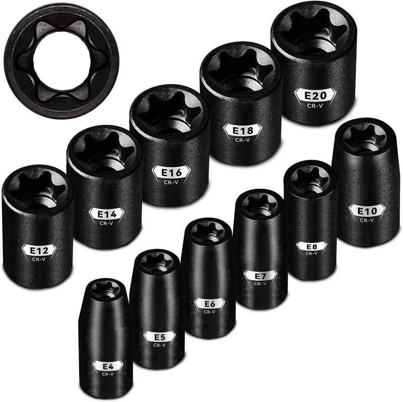 pgroup E-Torx Socket Set with Holder, E4-E20 Female External Sockets, 3/8” 1/4” Drive Inverted Star Socket - Image 1